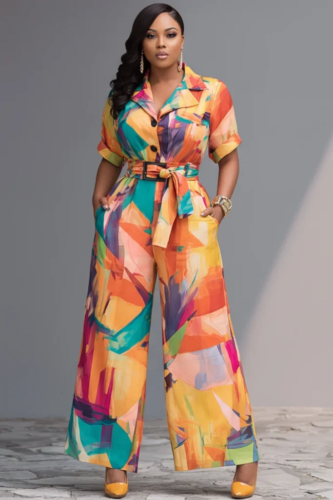Plus Size Daily Multicolor Graphic Turndown Collar Short Sleeve Pocket Wrap Jumpsuit