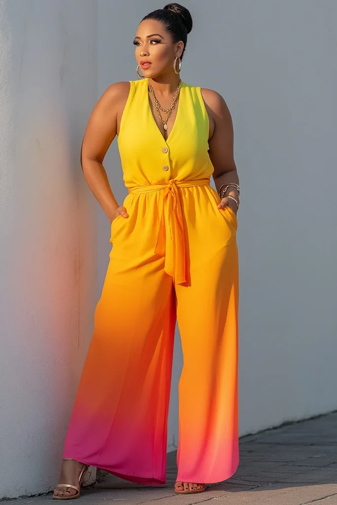 Plus Size Daily Rainbow Gradient V Neck Pocket Wrap Jumpsuit