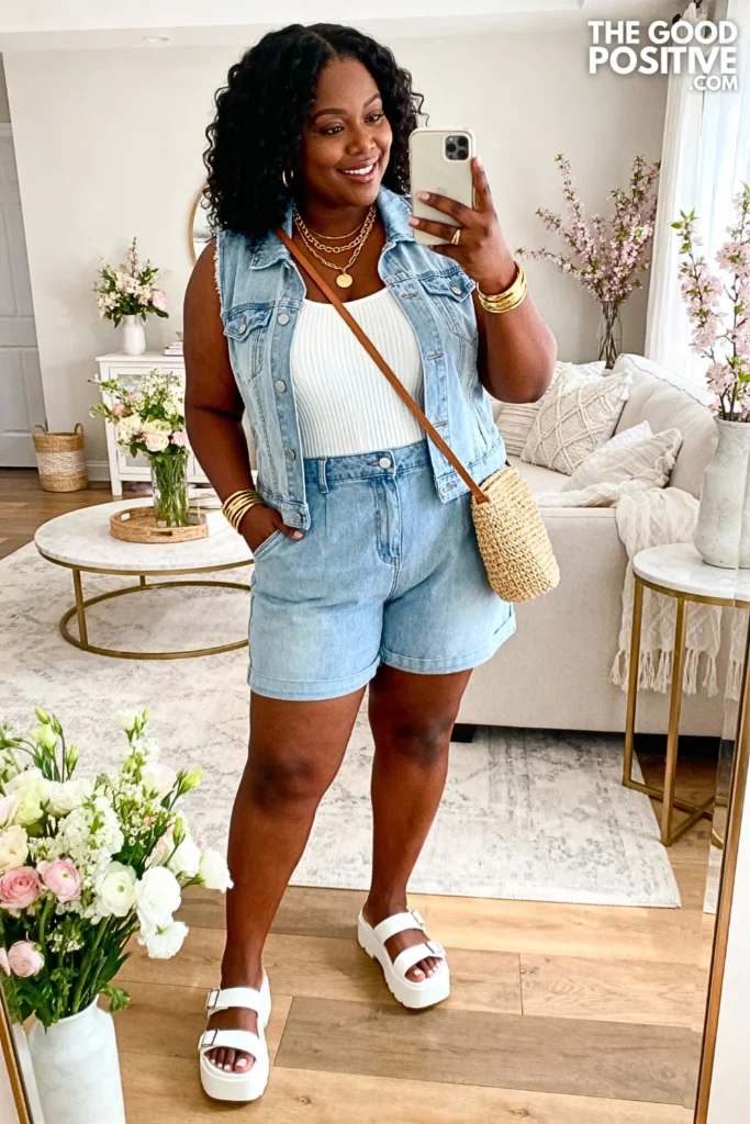 Plus Size Denim Vest With Matching Shorts Set Outfit