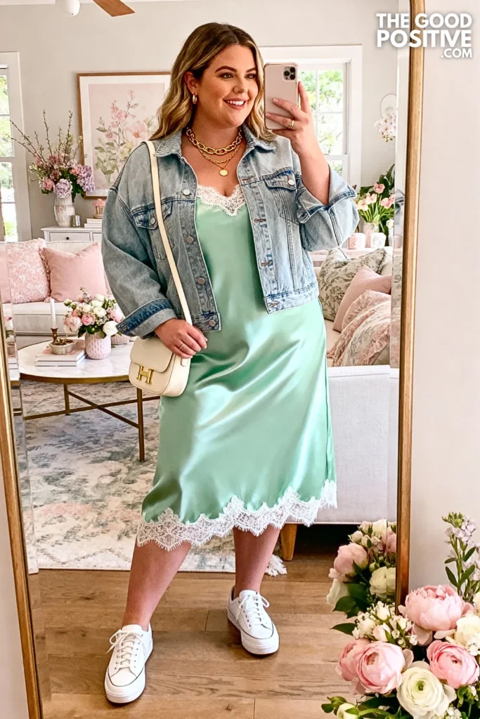 Plus Size Ethereal Slip Dress and Denim Jacket Outfit