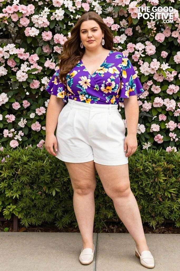 Plus Size Flutter-Sleeve Wrap-Style Top With High-Waist Tailored Shorts Outfit