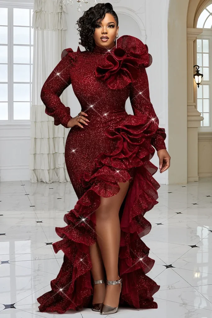 Plus Size Formal Burgundy High Collar Long Sleeve Ruffle Elegant Split Maxi Dress