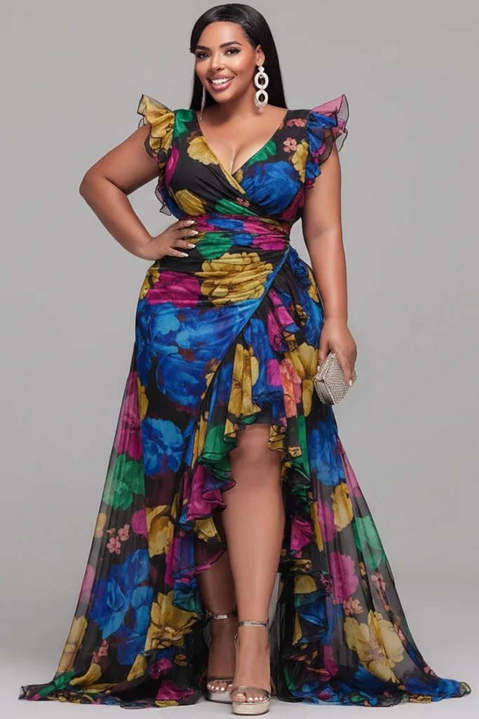 Plus Size Formal Multicolor Floral Wrap Neck Flutter Sleeve Split Ruffle Chiffon Maxi Dress