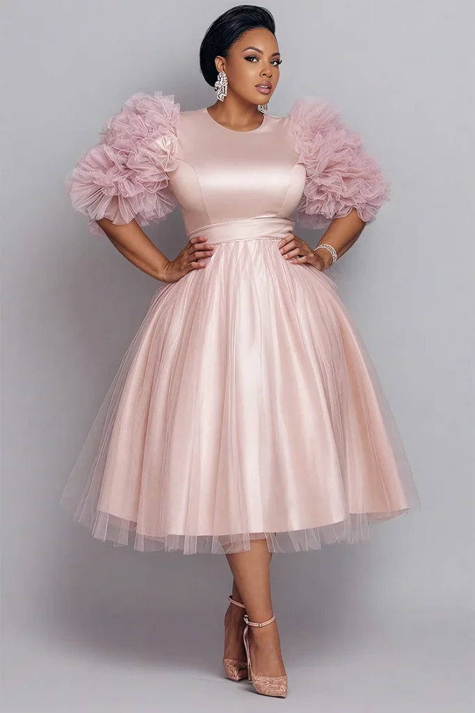 Plus Size Formal Tulle Pink Round Neck Long Sleeve Contrast Elegant 3D Satin Midi Dress
