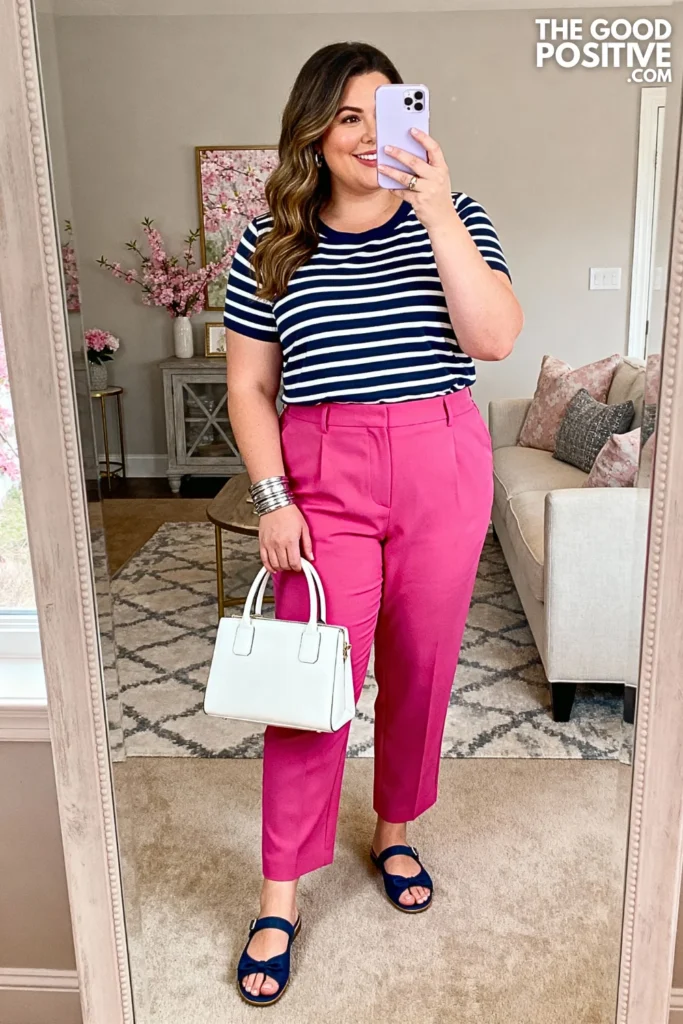 Plus Size Fuchsia Trousers With Striped Top Outfit