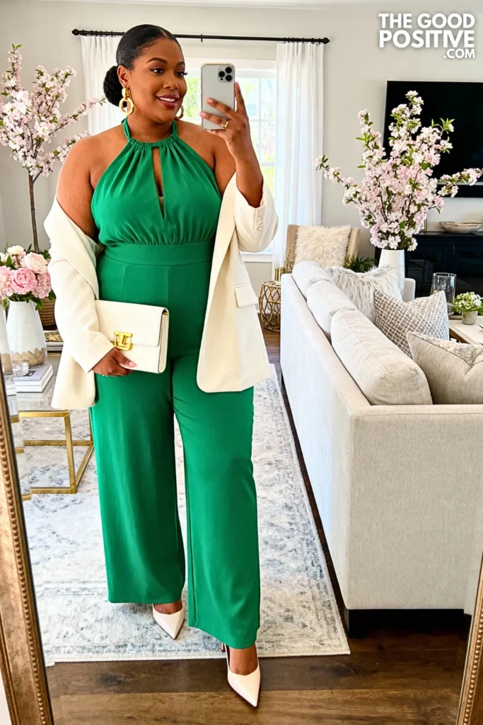 Plus Size Halter Neck Jumpsuit With Blazer Outfit