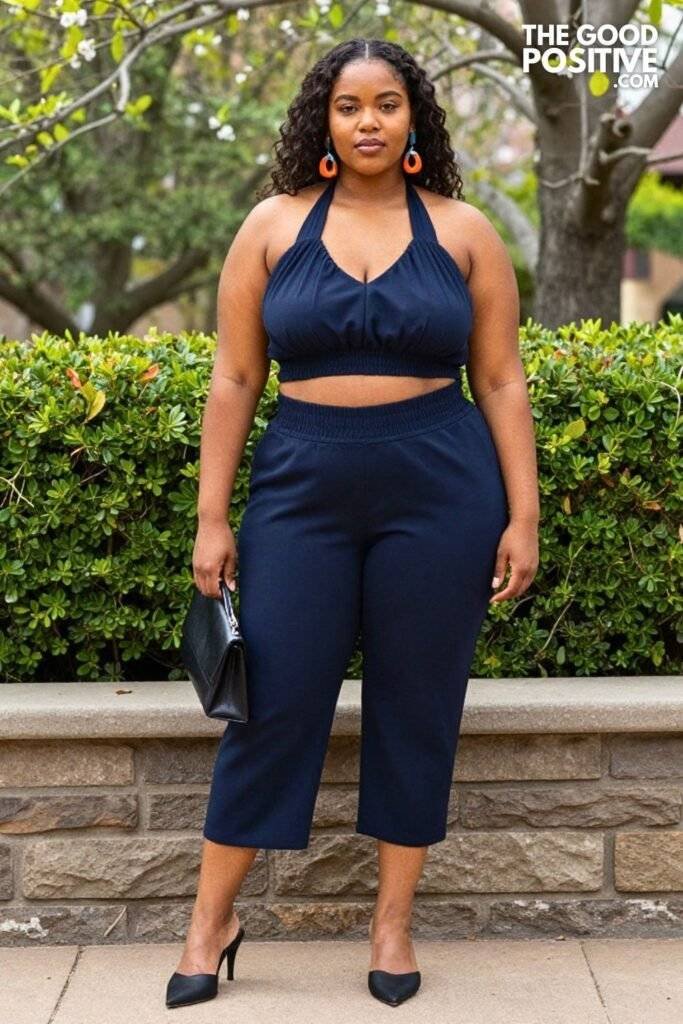 Plus Size Halter Neck Plisse Top With High-Waist Culotte Trousers Outfit