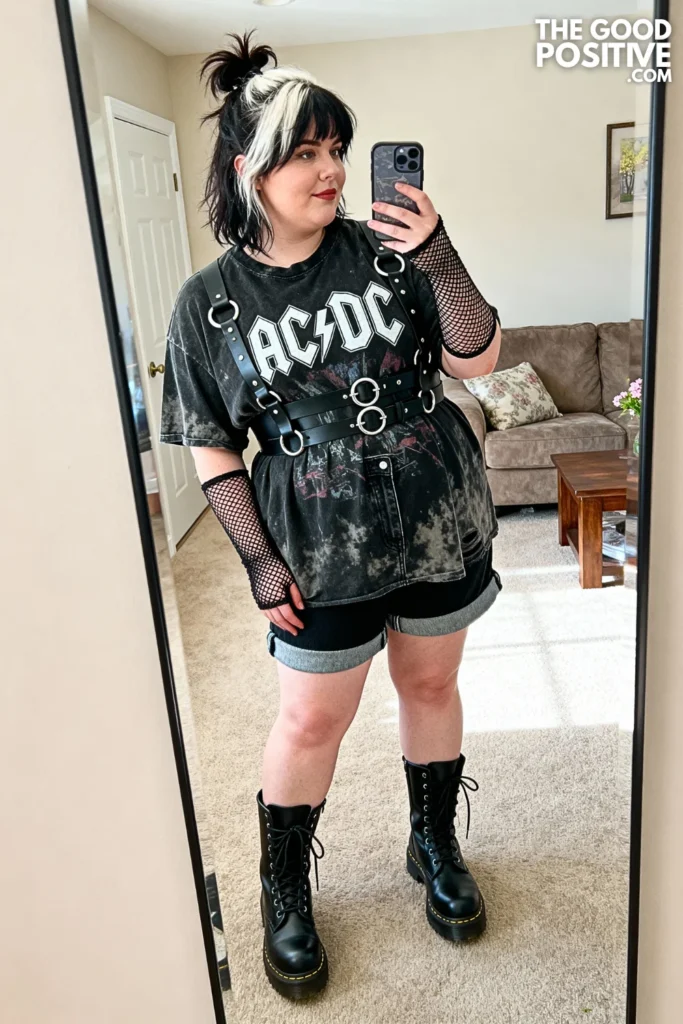 Plus Size Harness Belt over Band Tee Outfit