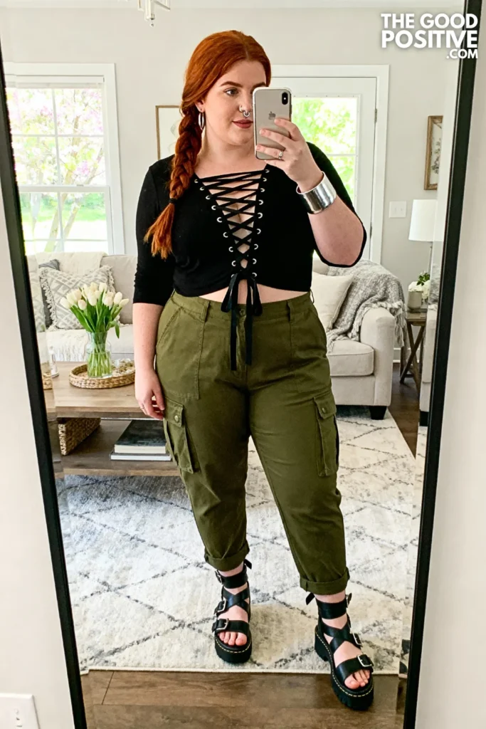 Plus Size Lace-Up Detail Top with Cargo Pants Outfit