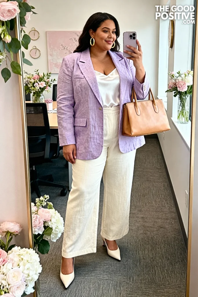 Plus Size Lavender Linen Blazer with Wide-Leg Trousers Outfit