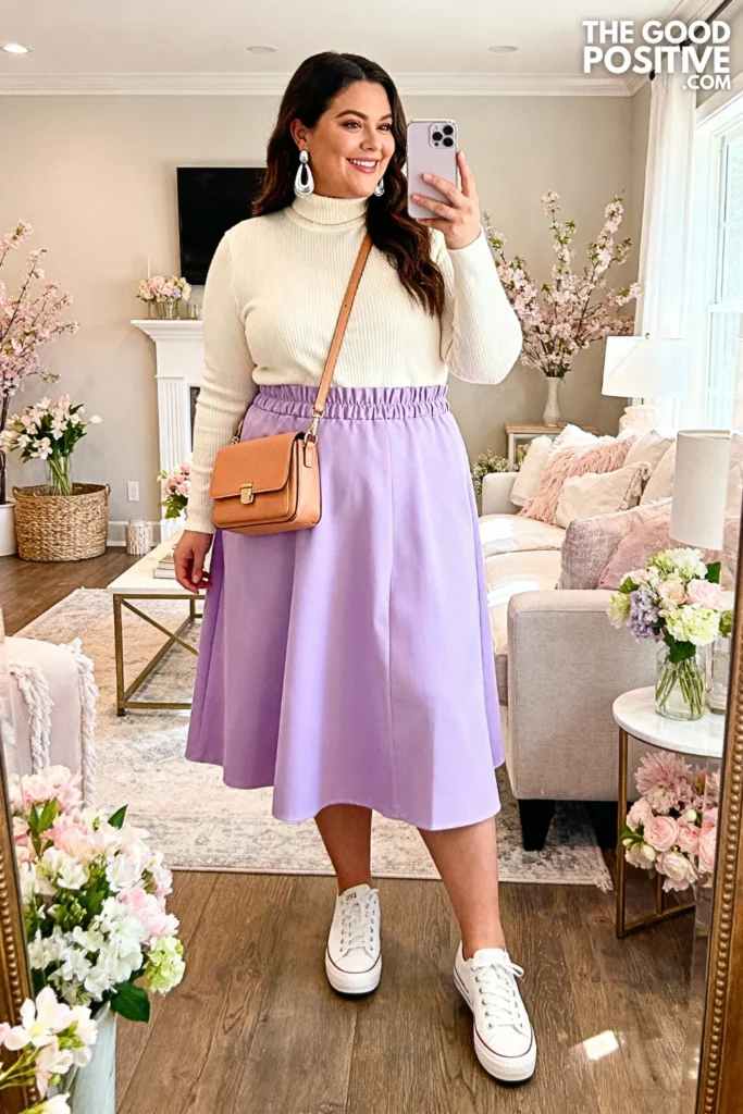 Plus Size Lavender Midi Skirt With Fitted Turtleneck Outfit