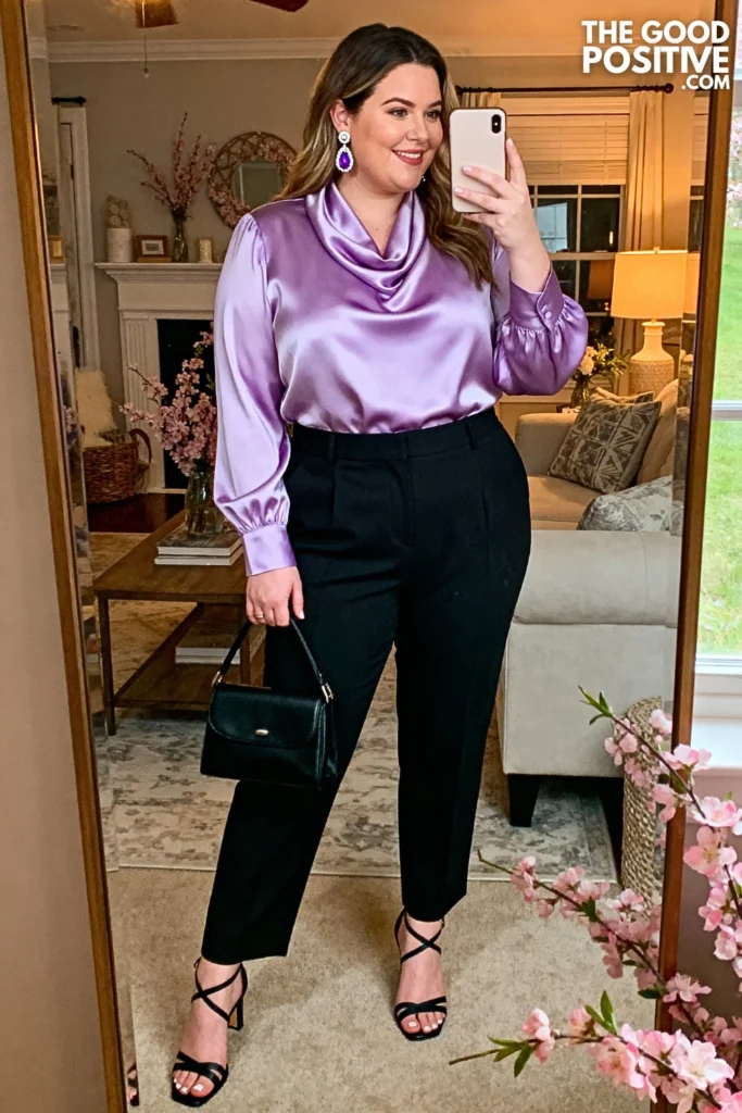 Plus Size Lavender Satin Cowl Neck Blouse and Black Trousers Outfit
