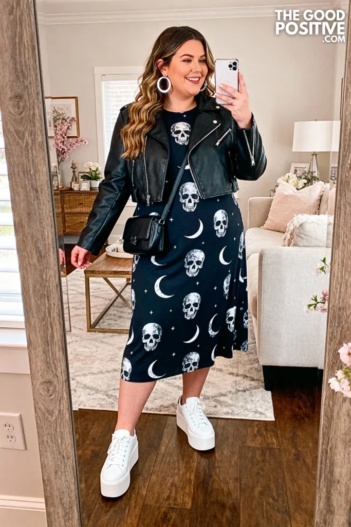 Plus Size Leather Jacket with Graphic Midi Dress Outfit