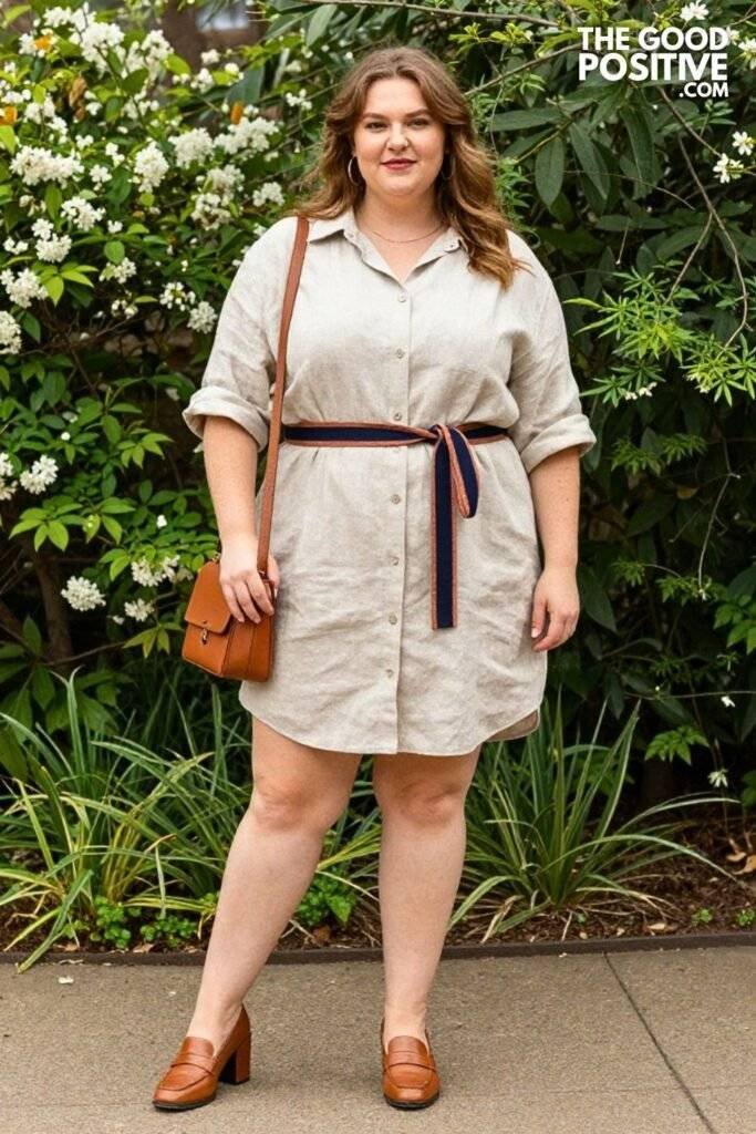 Plus Size Linen Shirt Dress With Rolled Sleeves and Fabric Tie Belt Outfit