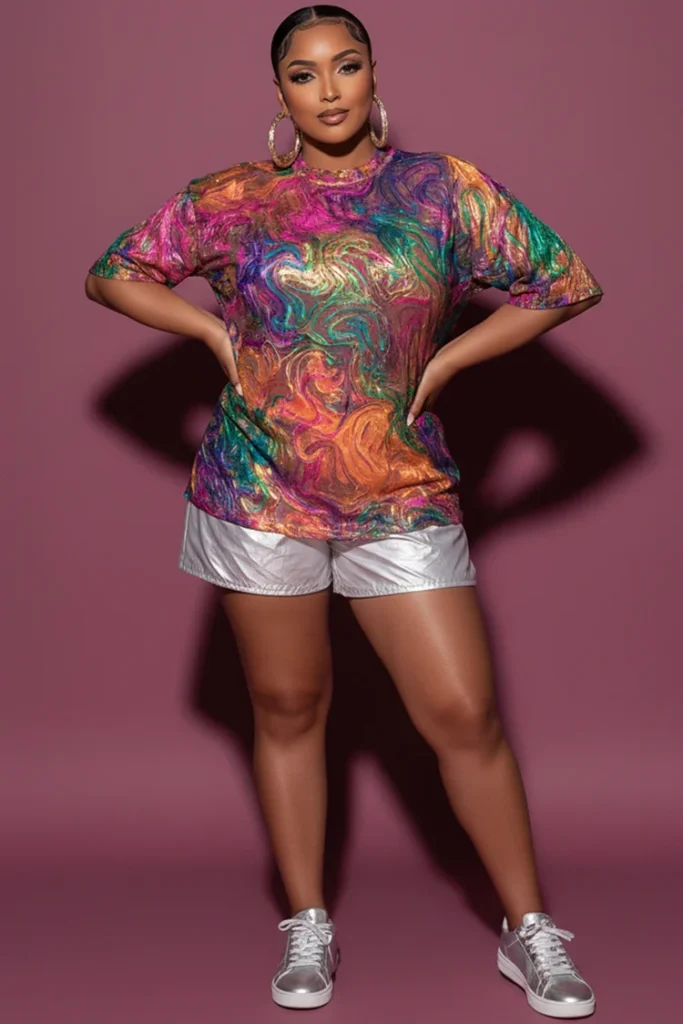 Plus Size Mardi Gras Multicolor All Over Print Round Neck Short Sleeve Casual T-Shirt