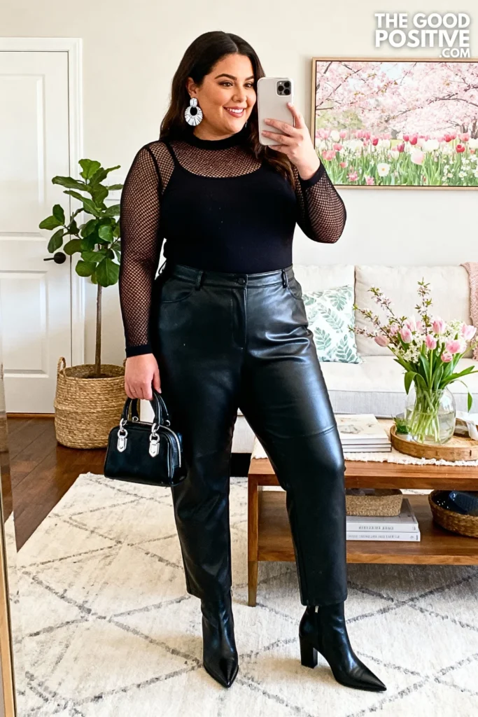 Plus Size Mesh Long Sleeve Top With Faux Leather Pants Outfit