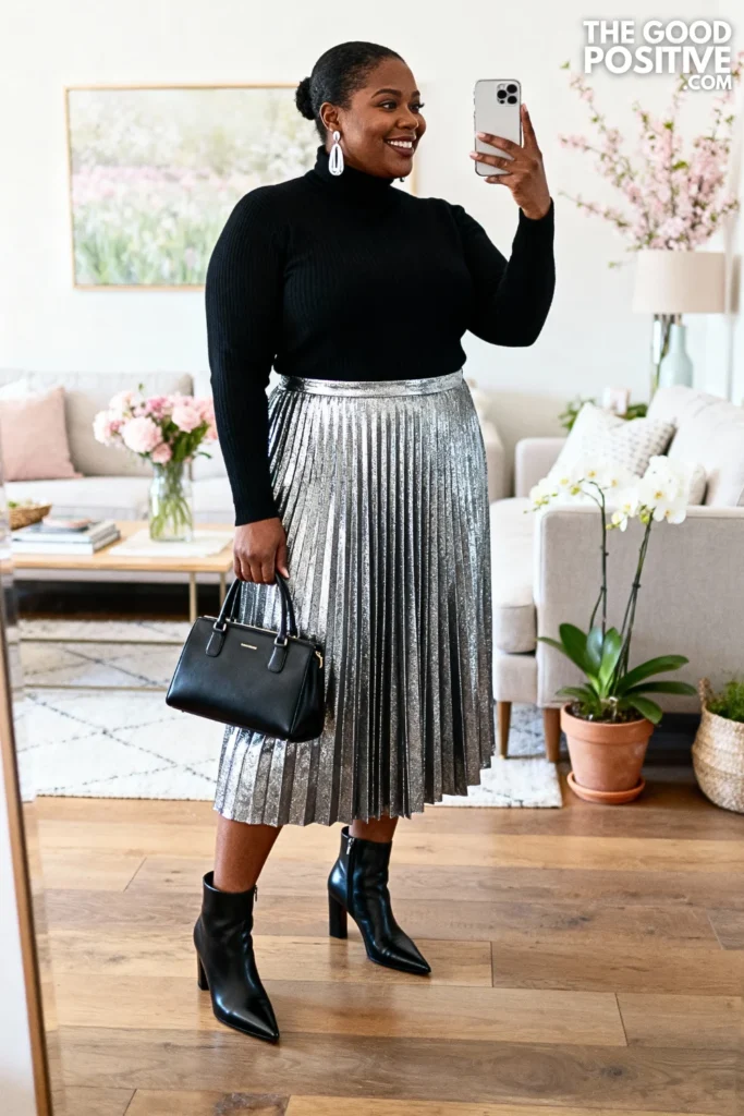 Plus Size Metallic Pleated Skirt With Turtleneck Outfit
