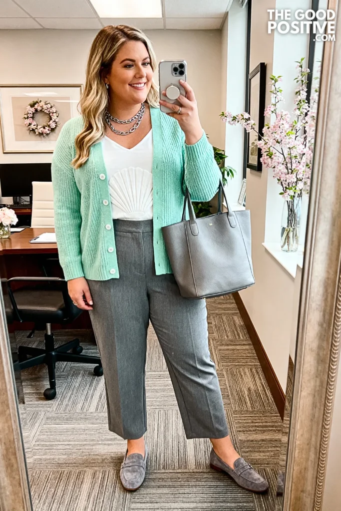 Plus Size Mint Green Cardigan with Gray Dress Pants Outfit