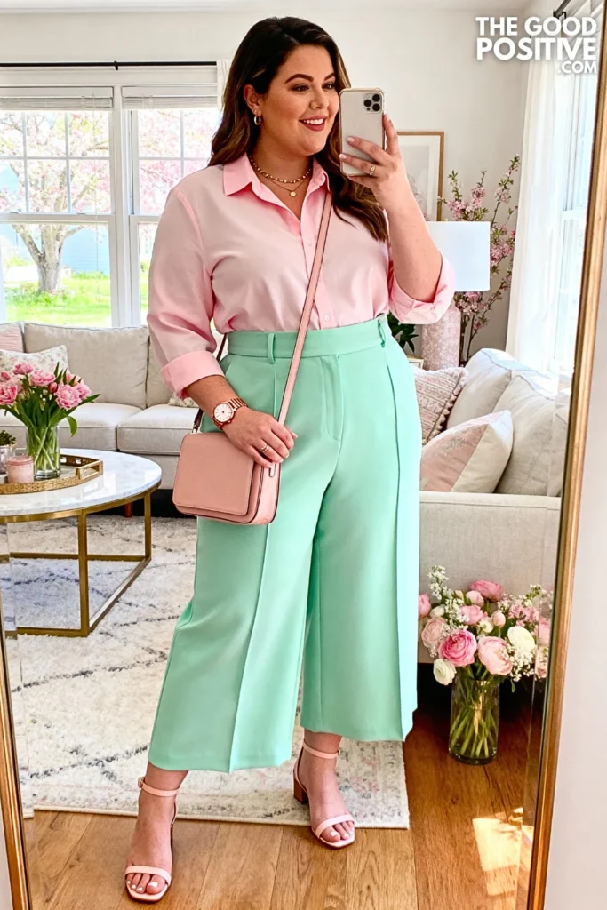 Plus Size Mint Green Culottes With Blush Blouse Outfit