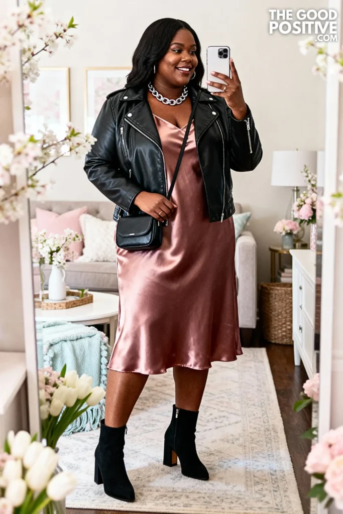 Plus Size Moto Jacket With Slip Dress Outfit