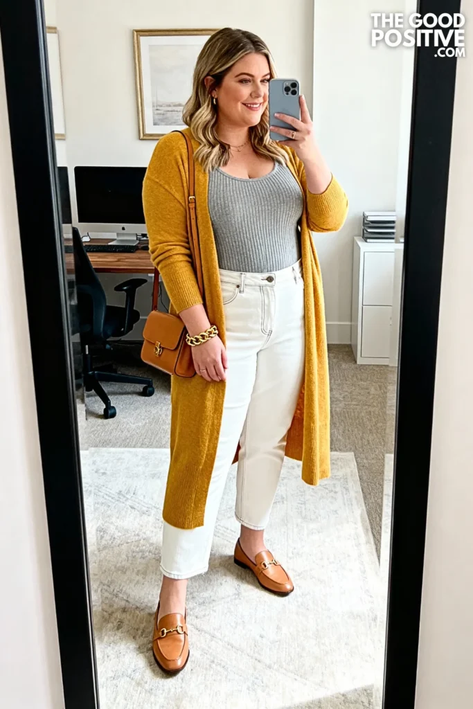 Plus Size Mustard Yellow Cardigan with White Jeans Outfit