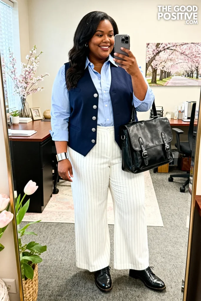 Plus Size Navy Tailored Vest with Pinstripe Trousers Outfit