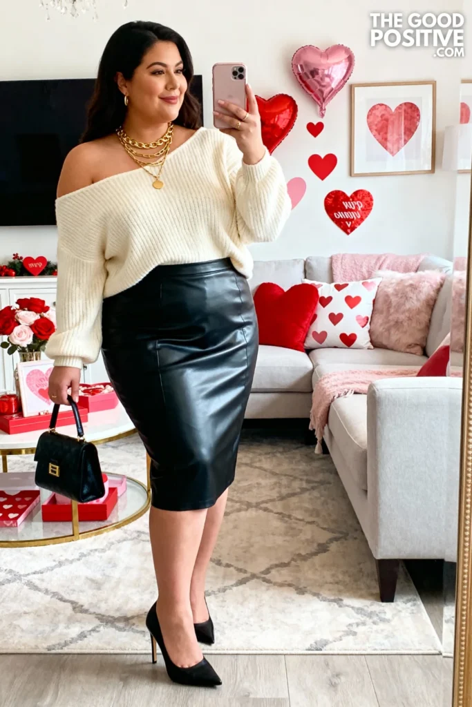 Plus Size Off-Shoulder Sweater with Faux Leather Skirt Outfit