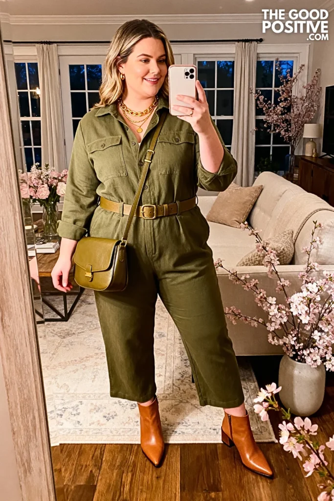 Plus Size Olive Utility Jumpsuit with Belt Outfit