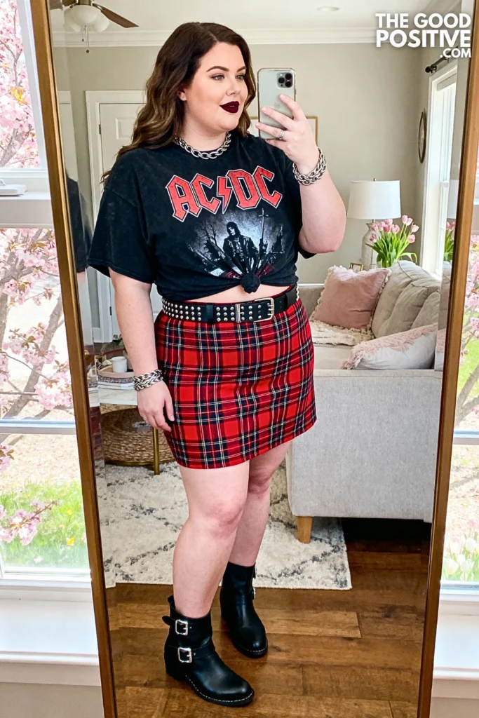 Plus Size Oversized Band Tee with Plaid Mini Skirt Outfit