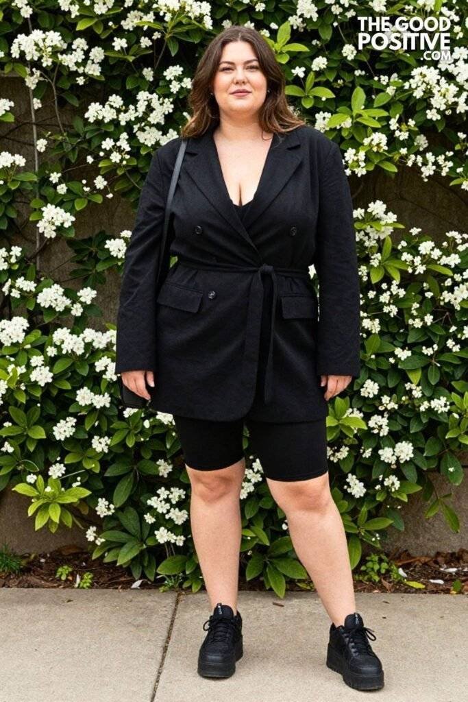 Plus Size Oversized Blazer Dress With Cinched Self-Belt and Cycling Shorts Outfit