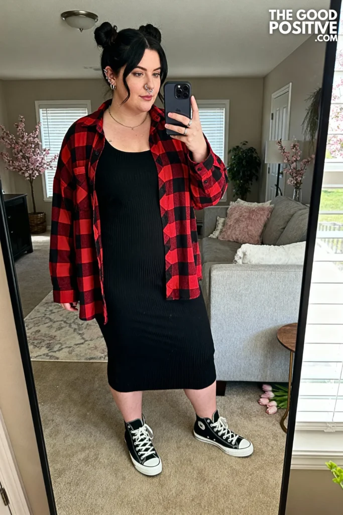 Plus Size Oversized Flannel with Bodycon Skirt Outfit