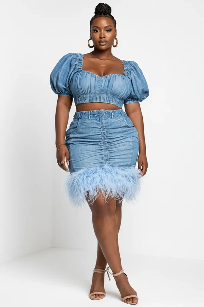 Plus Size Party Light Blue Square Neck Puff Sleeve Short Sleeve Bodycon Feather Tencel Denim Two Piece Skirt Set