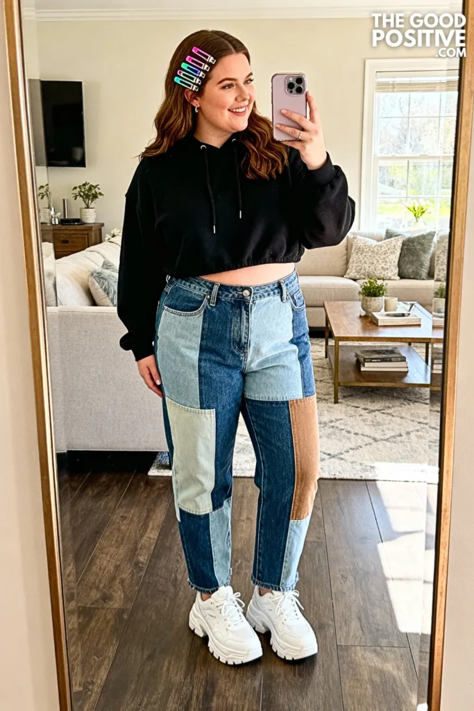 Plus Size Patchwork Jeans with Cropped Hoodie Outfit