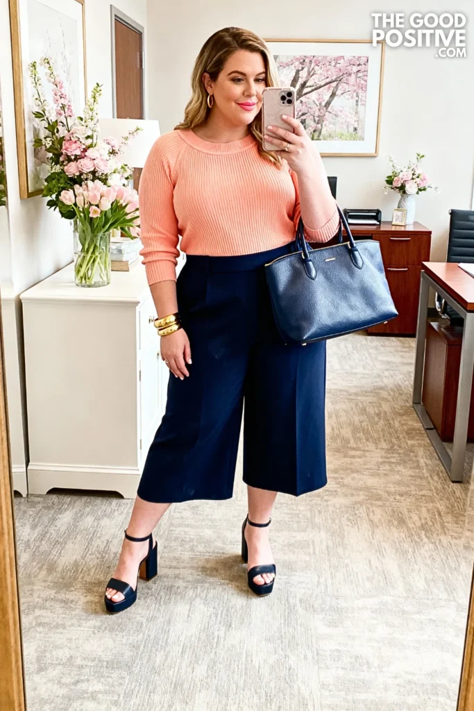Plus Size Peach Knit Top with Navy Culottes Outfit