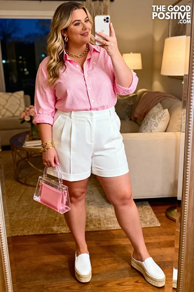 Plus Size Pink Gingham Button-Up and White Shorts Outfit