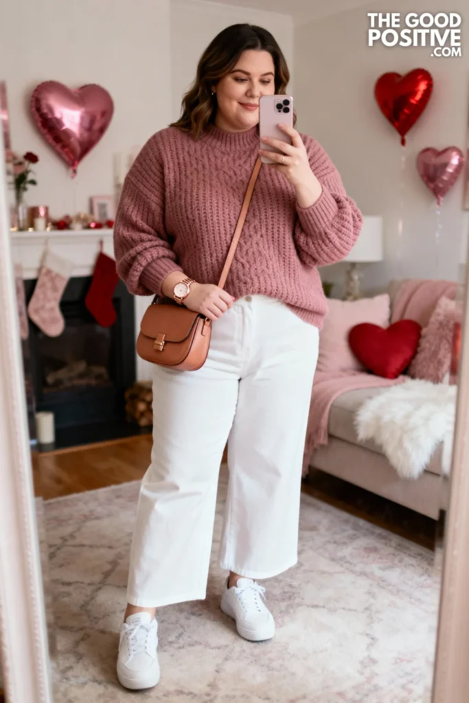 Plus Size Pink Knit Sweater with White Wide-Leg Trousers Outfit