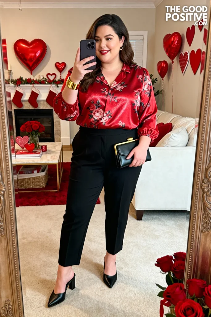 Plus Size Printed Blouse with Black Cigarette Pants Outfit