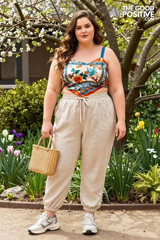 Plus Size Printed Scarf Top With High-Waist Linen Jogger Pants Outfit