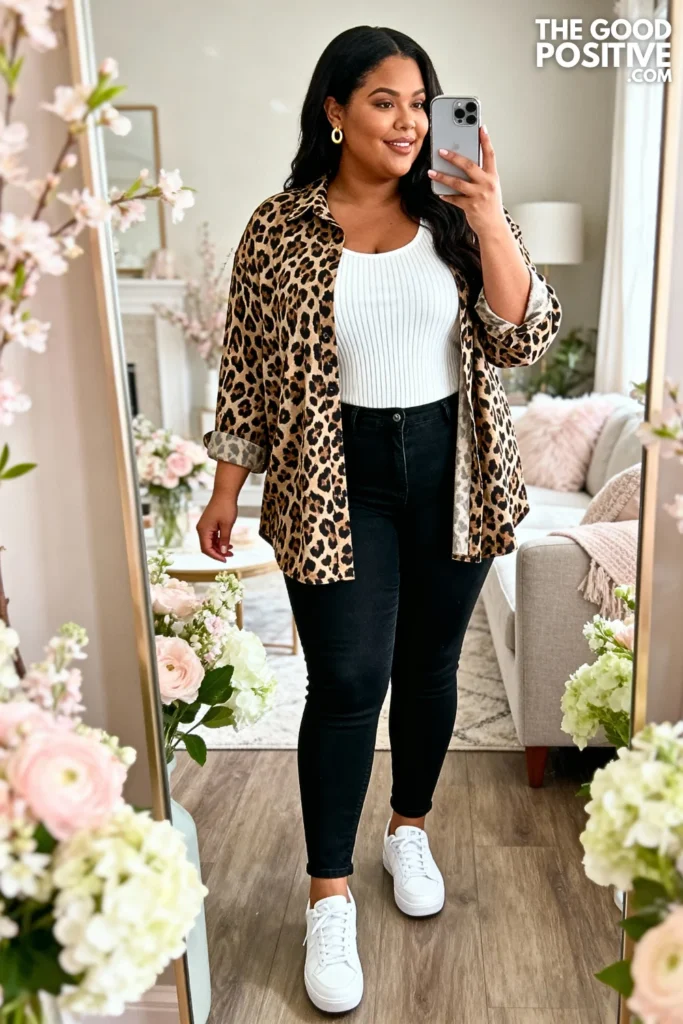 Plus Size Printed Shirt Jacket With Tank And Jeans Outfit