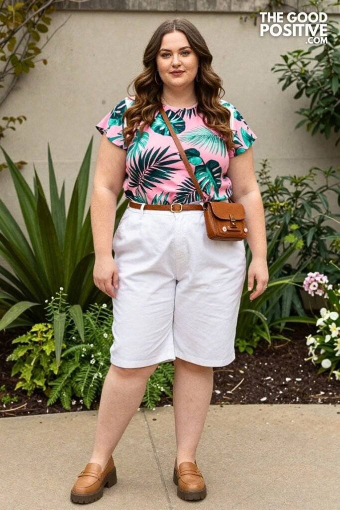 Plus Size Printed Shirt-Tail Hem Tunic Top With Fitted Bermuda Shorts Outfit