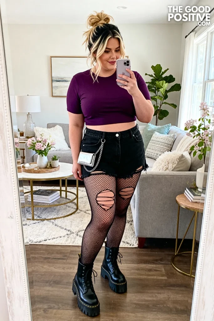 Plus Size Ripped Fishnet Tights under Cut-Off Shorts Outfit