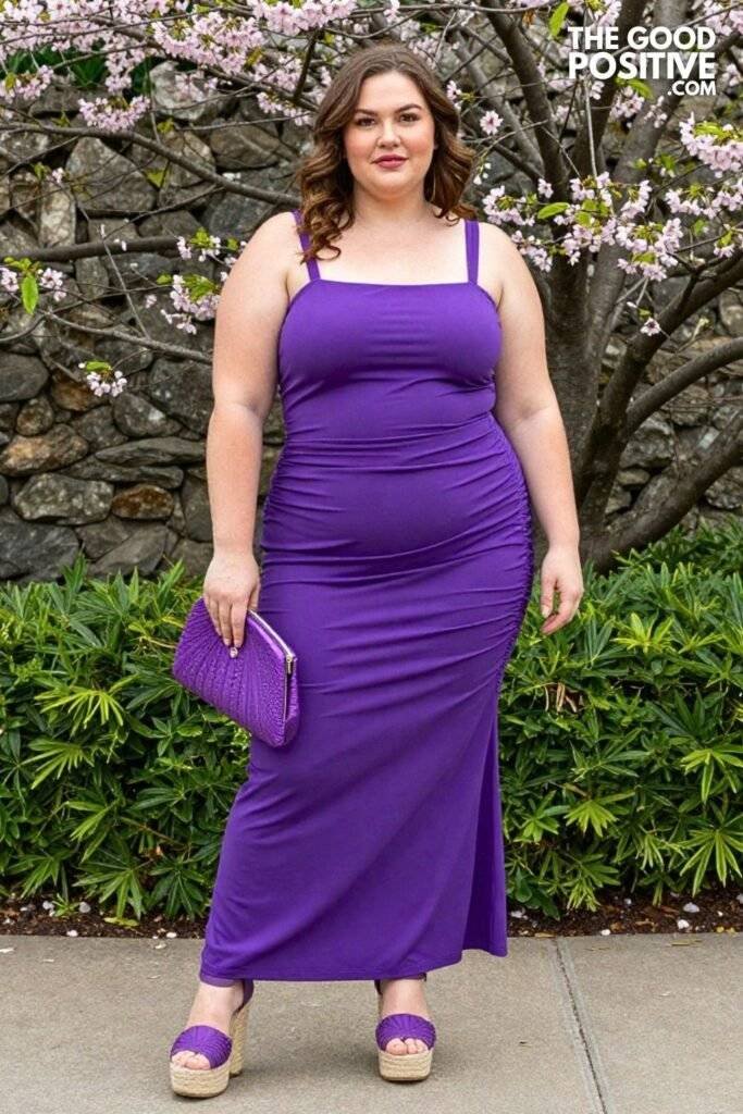 Plus Size Ruched Side Maxi Dress With Adjustable Straps Outfit