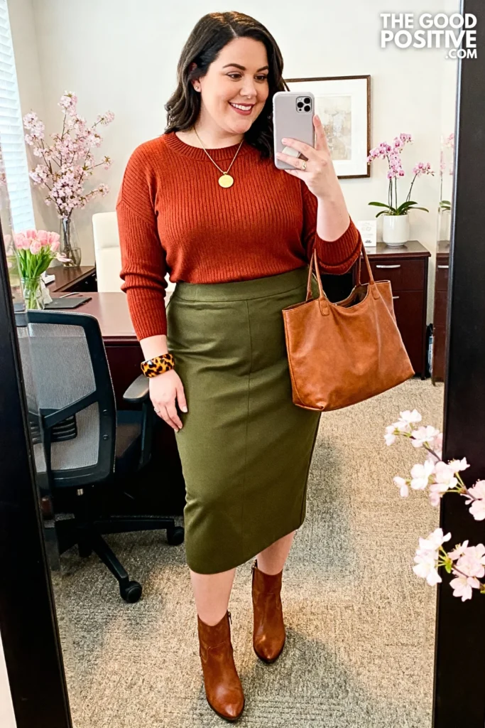 Plus Size Rust Orange Knit Top with Olive Straight Skirt Outfit