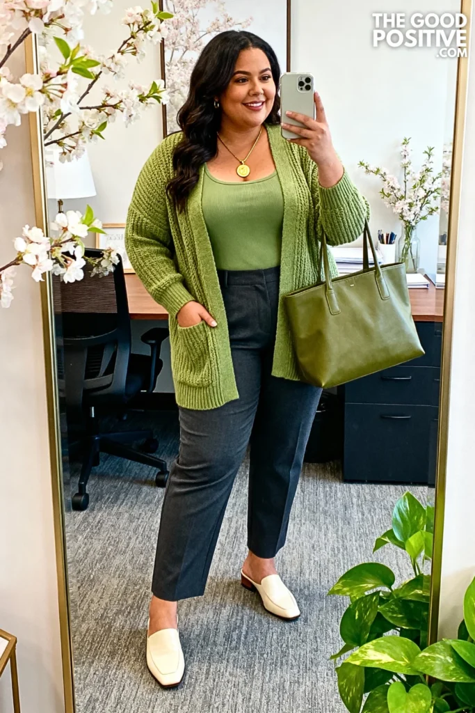 Plus Size Sage Green Cardigan Set with Matching Tank Outfit