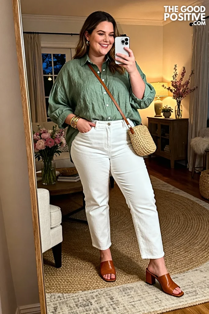 Plus Size Sage Green Linen Shirt and White Denim Outfit