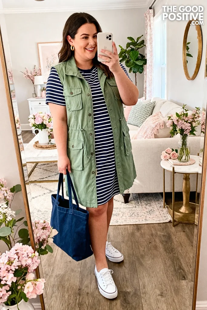 Plus Size Sage Green Utility Vest With Striped Dress Outfit