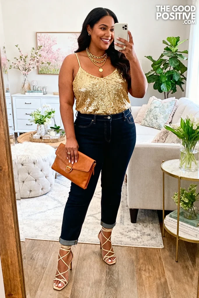 Plus Size Sequin Cami With Straight Leg Jeans Outfit