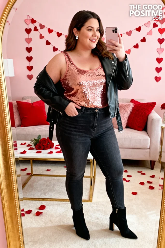 Plus Size Sequin Top with Dark Denim Jeans Outfit