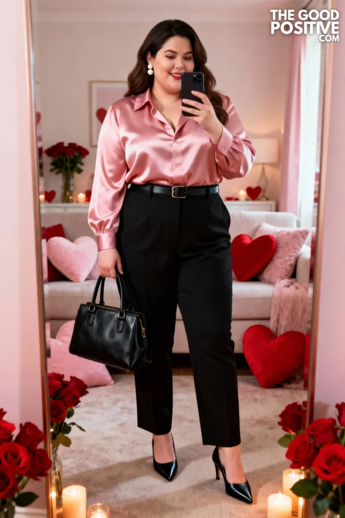 Plus Size Silk Blouse with High-Waisted Trousers Outfit