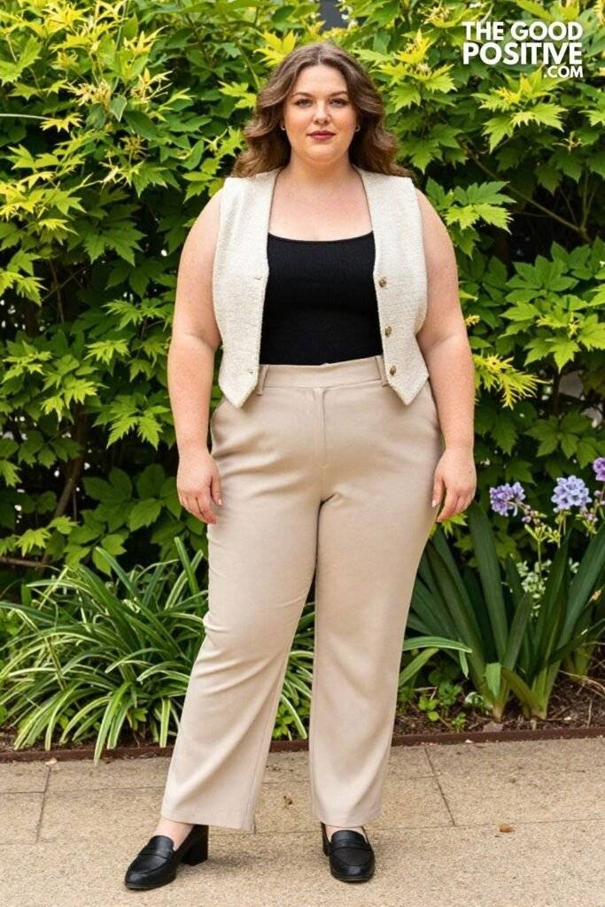 Plus Size Sleeveless Longline Waistcoat With Fitted Straight-Leg Pants Outfit